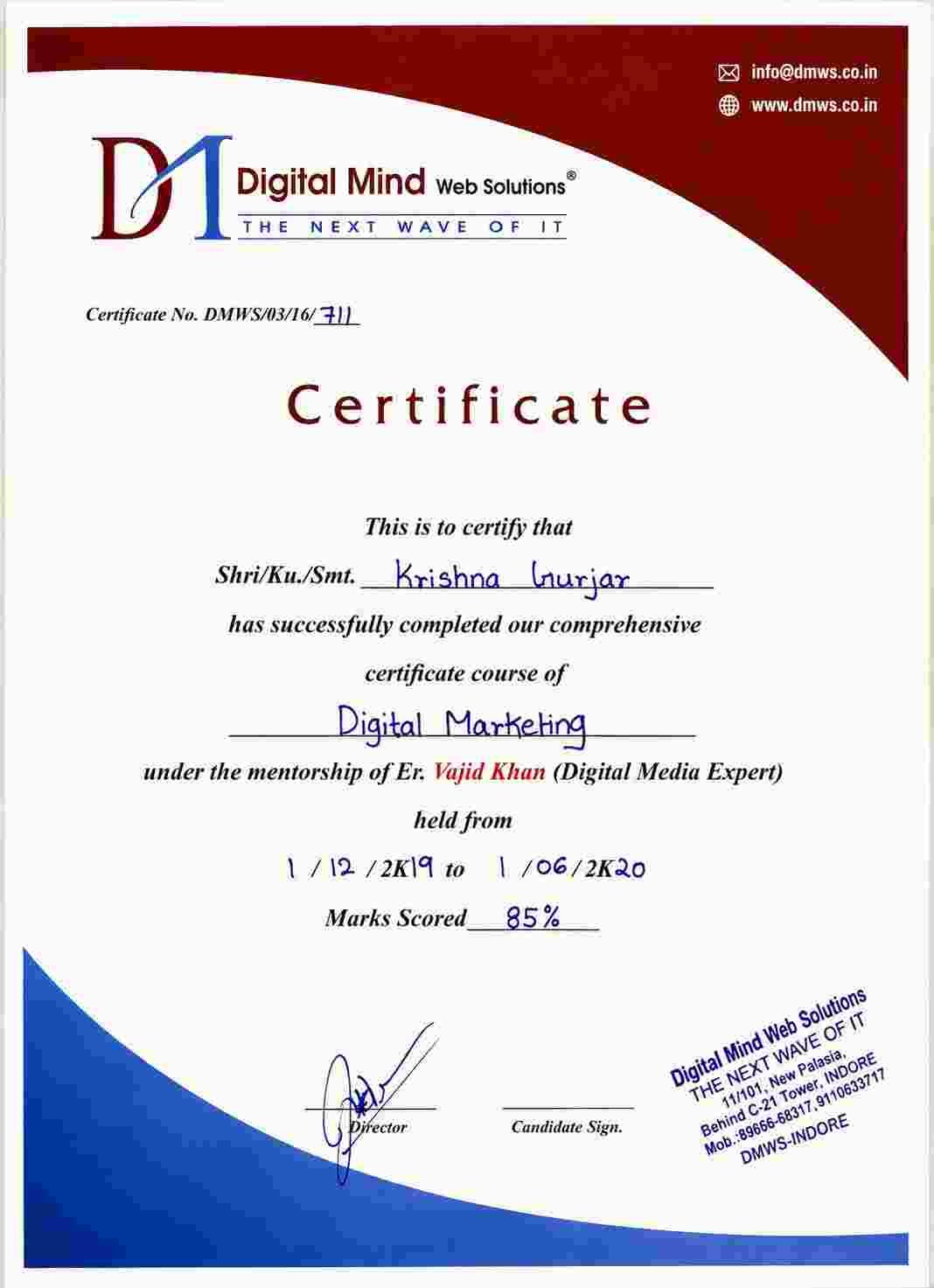 Digital Marketing certificate from Digital Mind Web Solutions, Indore — course completed with 85%